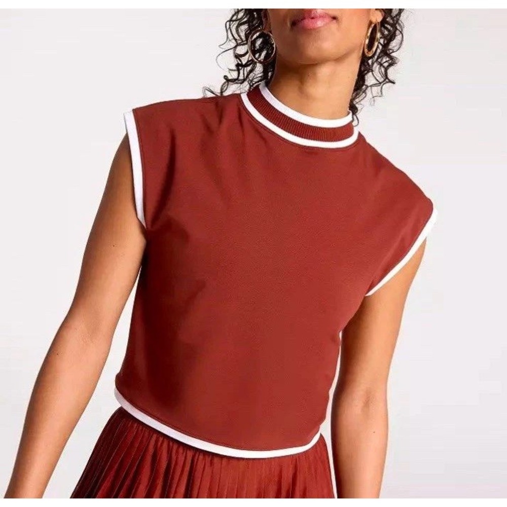 CALIA Performance Womens Mock Neck Sleeveless Top Rust Brown White Stripe XXL